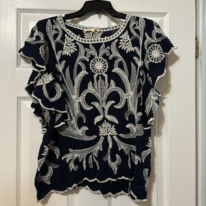 Solitaire brand women’s cotton blouse. Large, navy blue with white embroidery.